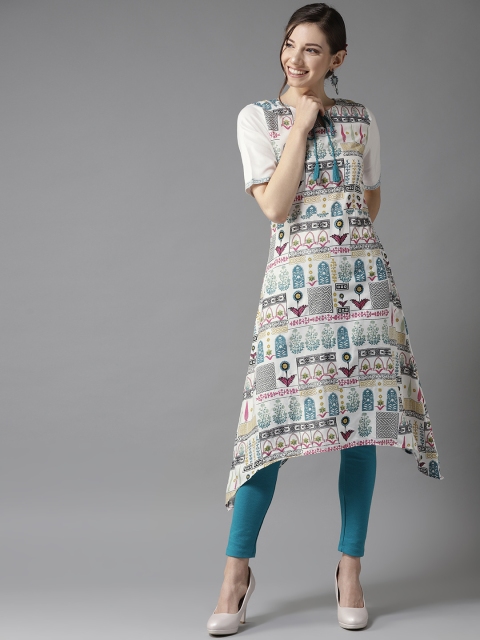 

HERE&NOW Women Off-White & Blue Printed A-Line Kurta