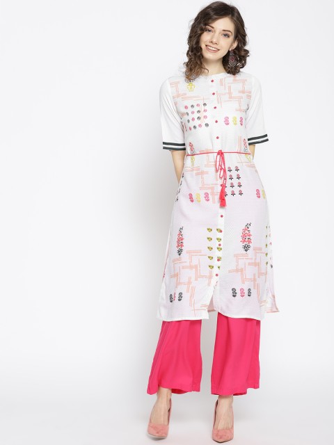 

HERE&NOW Women Off-White & Pink Printed Straight Kurta