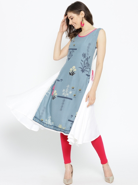 

HERE&NOW Women Blue Printed Panelled Asymmetric A-Line Kurta