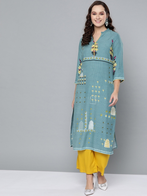 

HERE&NOW Women Blue & White Printed Straight Kurta