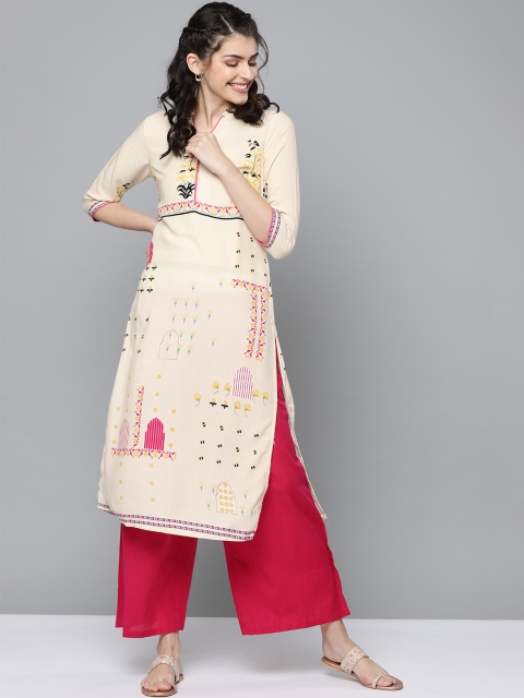 

HERE&NOW Women Cream-Coloured & Black Printed Straight Kurta