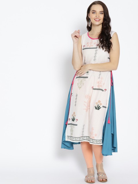 

HERE&NOW Women Off-White & Blue Printed A-Line Kurta