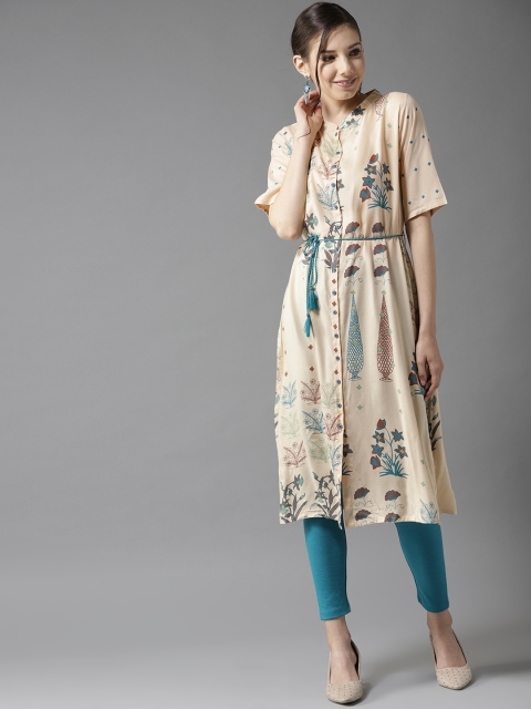 

HERE&NOW Women Cream-Coloured & Blue Floral Printed Straight Kurta