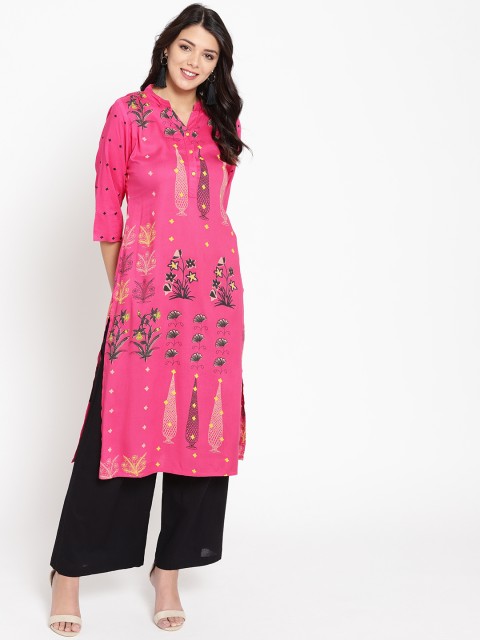 

HERE&NOW Women Pink & Black Printed Straight Kurta