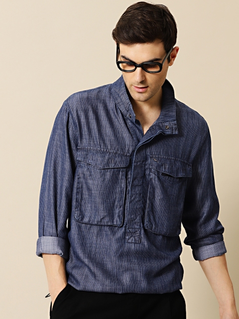 

Mr Bowerbird Men Liberal Fit Navy Blue & White Striped Casual Shirt