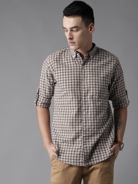 

DENNISON Men Mustard Brown & Off-White Smart Slim Fit Checked Casual Shirt