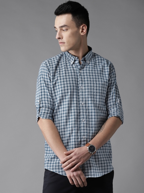 

DENNISON Men Teal Blue & White Smart Slim Fit Checked Casual Shirt