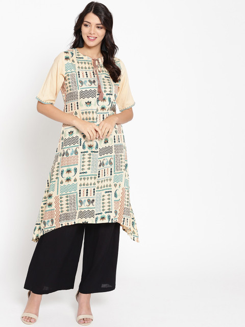 

HERE&NOW Women Beige & Teal Blue Asymmetric Printed A-Line Kurta
