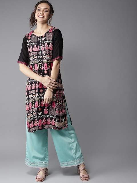 

HERE&NOW Women Black & Pink Printed Straight Kurta
