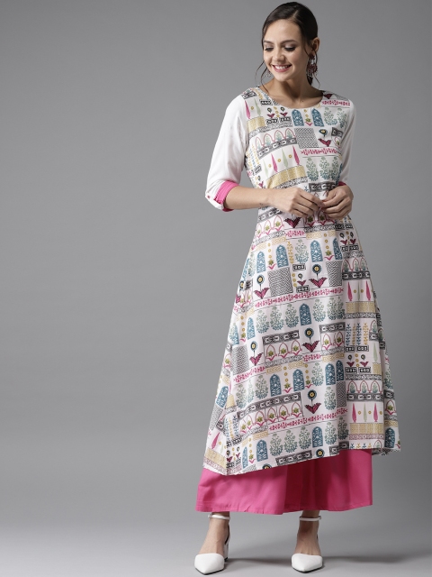 

HERE&NOW Women Off-White & Pink Printed Kurta with Palazzos