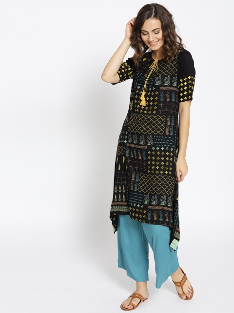 

HERE&NOW Women Black & Blue Printed Kurta with Palazzos