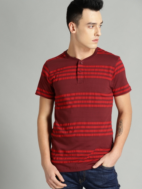 

Roadster Men Maroon Striped Henley Neck T-shirt