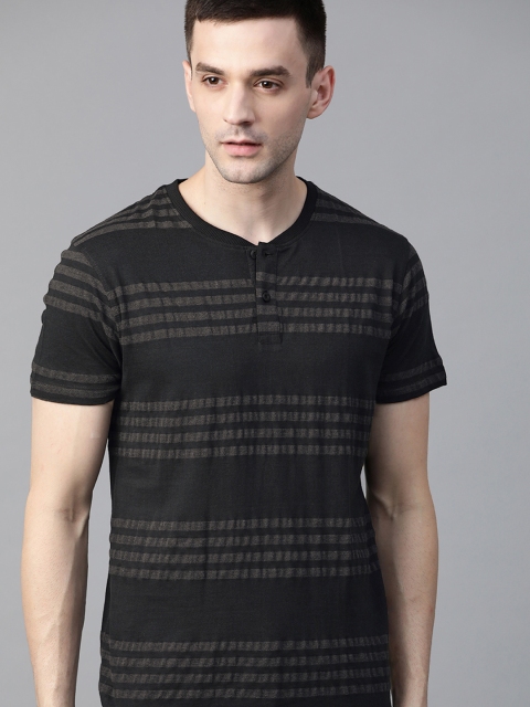 

The Roadster Lifestyle Co Men Navy Blue & Charcoal Grey Striped Henley Neck T-shirt
