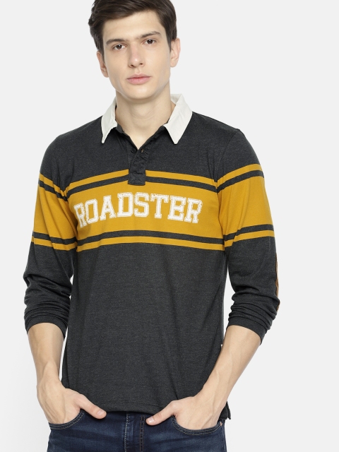 

Roadster Men Charcoal Grey & Mustard Yellow Printed Polo Collar T-shirt