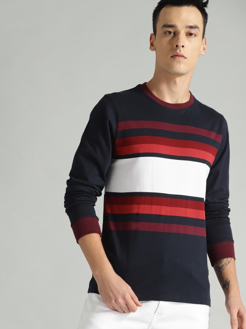 

Roadster Men Navy & Maroon Striped Round Neck T-shirt, Navy blue