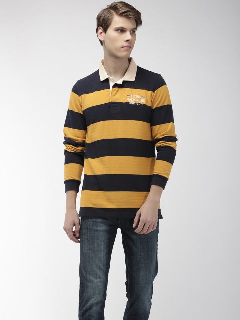 

Flying Machine Men Yellow Navy Blue Striped Polo Collar Pure Cotton T-shirt