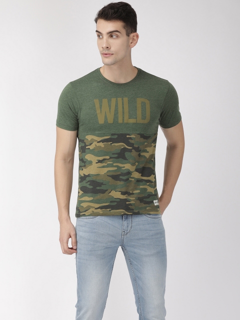 Men Olive Green Camouflage Printed Round Neck T-shirt