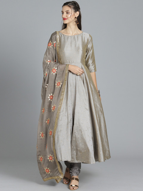 

EthnoVogue Women Grey Embroidered Made to Measure Kurta with Churidar & Dupatta