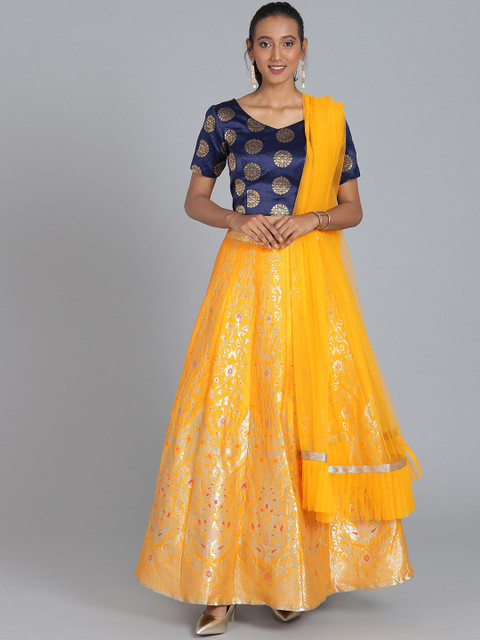 

EthnoVogue Navy Blue & Yellow Woven Design Made to Measure Lehenga Choli Set