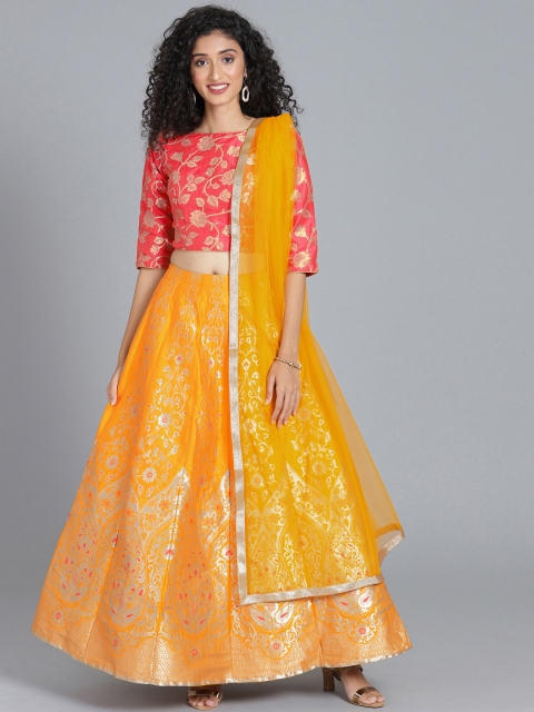 

Bollywood Vogue Peach-Colored & Yellow Woven Design Made to Measure Lehenga Choli Set
