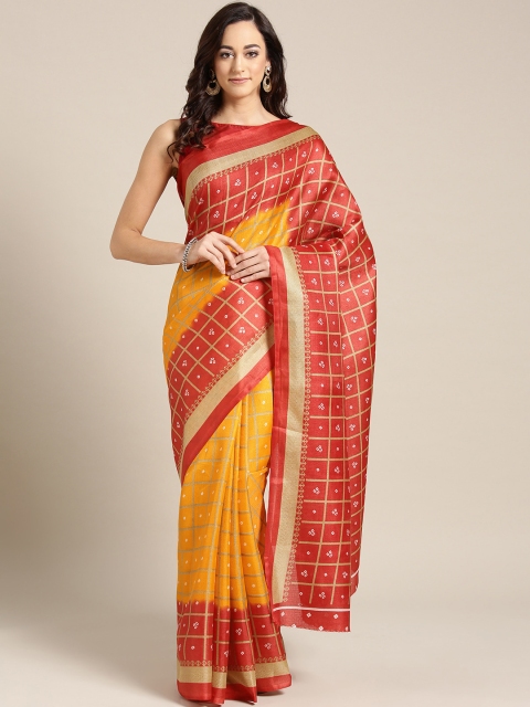 

KALINI Yellow & Red Checked Mysore Silk Saree