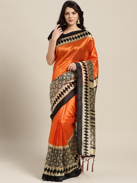 

Ishin Orange & Black Printed Mysore Silk Saree