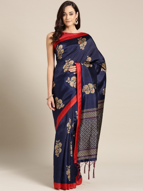 

Ishin Navy Blue & Beige Printed Mysore Silk Saree