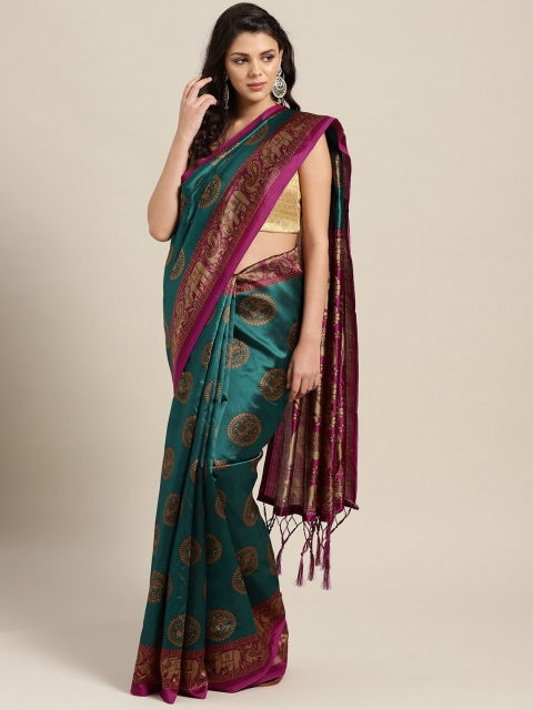

Ishin Teal Green & Golden Printed Mysore Silk Saree