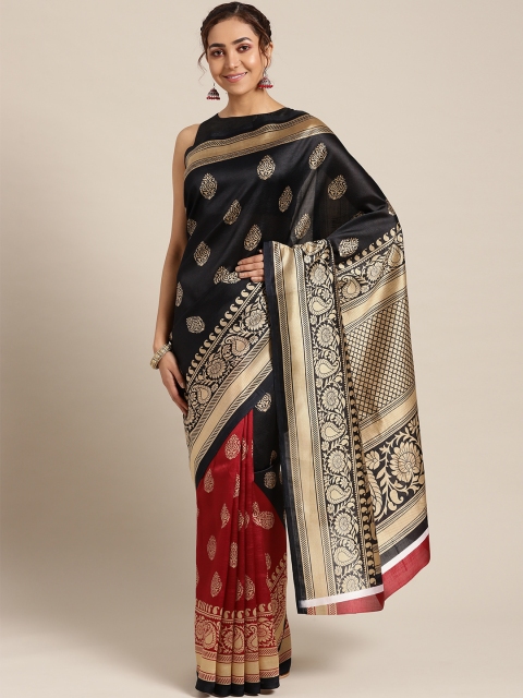 

Ishin Black & Maroon Printed Half & Half Mysore Silk Saree