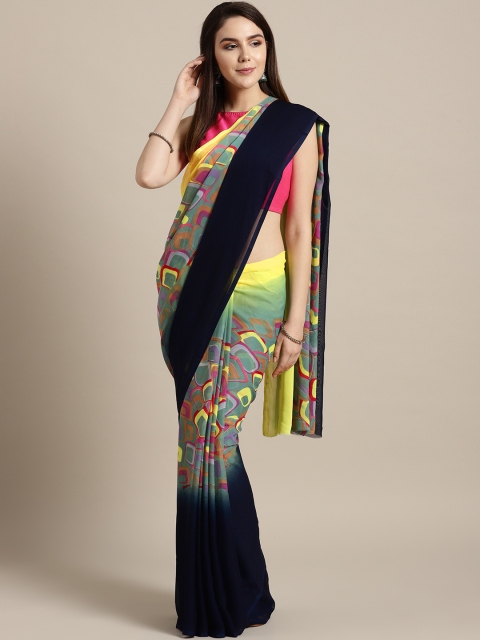 

Ishin Navy Blue & Green Printed Saree