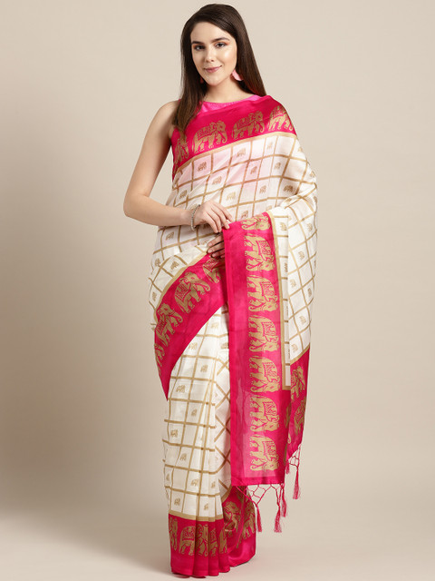 

Ishin Women Off-White & Pink Checked Mysore Silk Saree