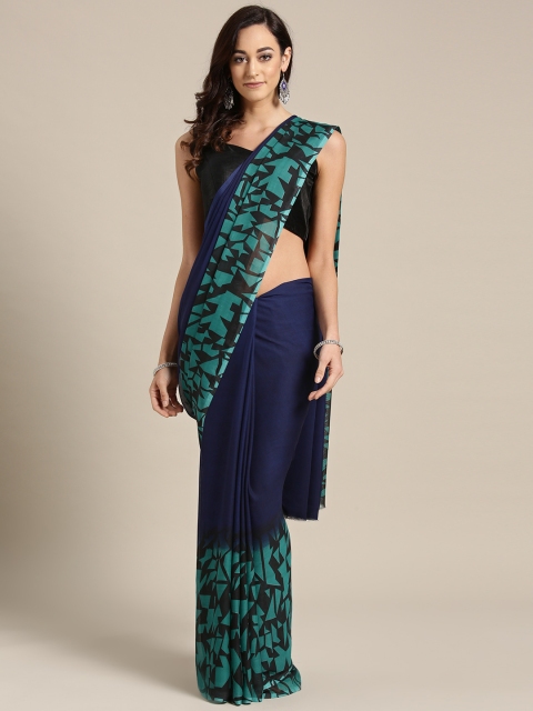 

Ishin Navy Blue & Green Solid Saree