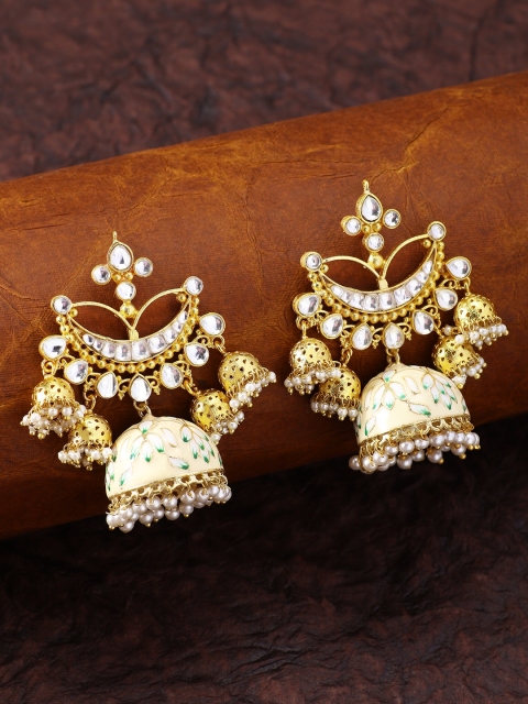 

Peora Women Gold-Plated Cream-Coloured Kundan Contemporary Jhumkas