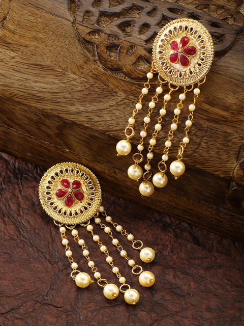 

Peora Red & 18K Gold-Plated Kundan Studded Contemporary Drop Earrings