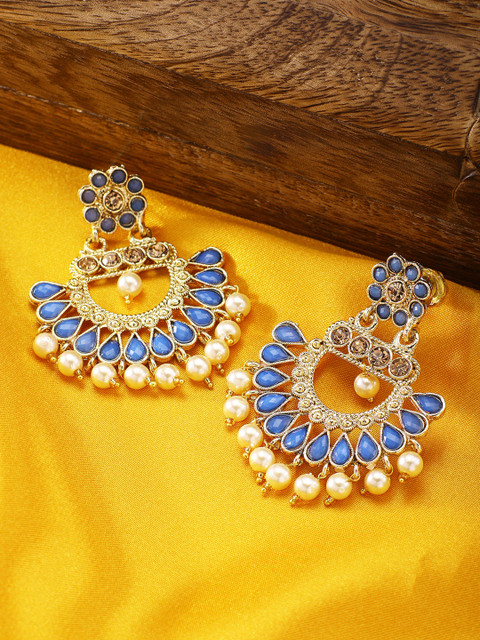 

Peora Blue & 18K Gold-Plated Kundan & Pearls Studded Classic Chandbalis