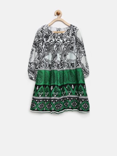 

Yo Baby Girls White & Green Printed A-Line Dress