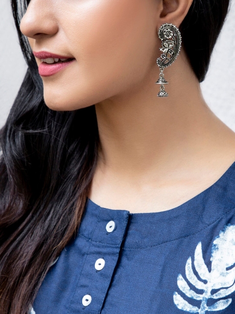 

Rubans Silver-Toned Handcrafted Leaf Shaped Jhumkas