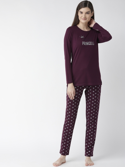 

MADAME M SECRET Women Aubergine & Silver Printed Night Suit, Purple