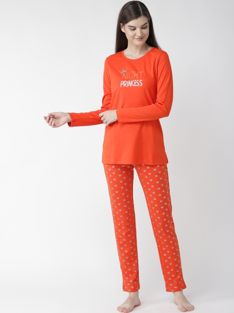 

MADAME M SECRET Women Orange & Silver Printed Night Suit
