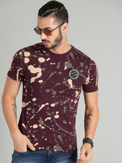 

Roadster Men Burgundy & Peach-Coloured Printed Round Neck T-shirt