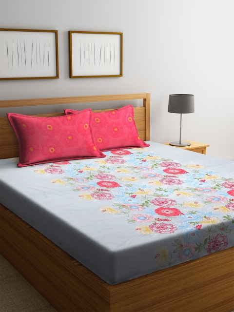 

SPACES Grey & Pink Floral 210 TC Cotton 1 Queen Bedsheet with 2 Pillow Covers