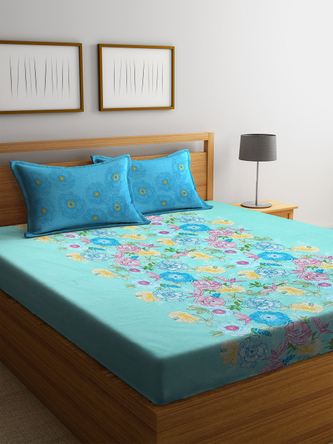 

SPACES Blue & Magenta Floral 210 TC Cotton 1 Queen Bedsheet with 2 Pillow Covers