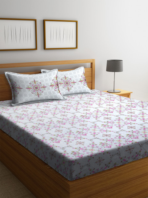 

SPACES Grey & Pink Floral 210 TC Cotton 1 Queen Bedsheet with 2 Pillow Covers