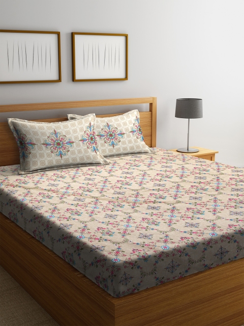 

SPACES Beige & Pink Floral 210 TC Cotton 1 Queen Bedsheet with 2 Pillow Covers
