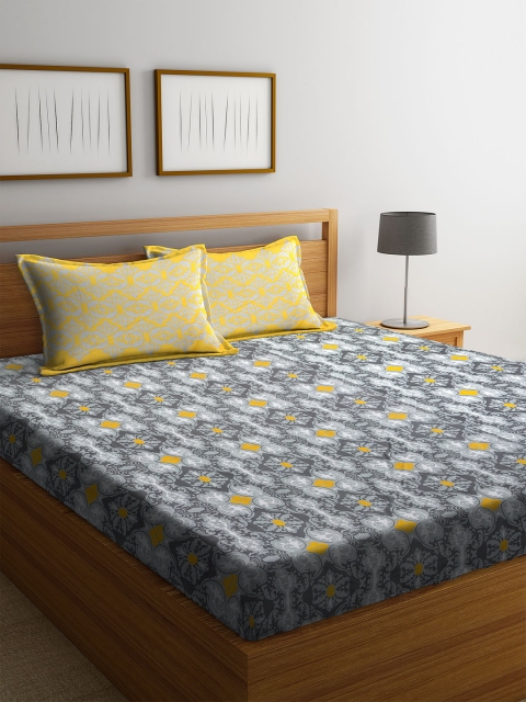 

SPACES Grey & Mustard Yellow Ethnic Motifs 210 TC 1 Queen Bedsheet with 2 Pillow Covers