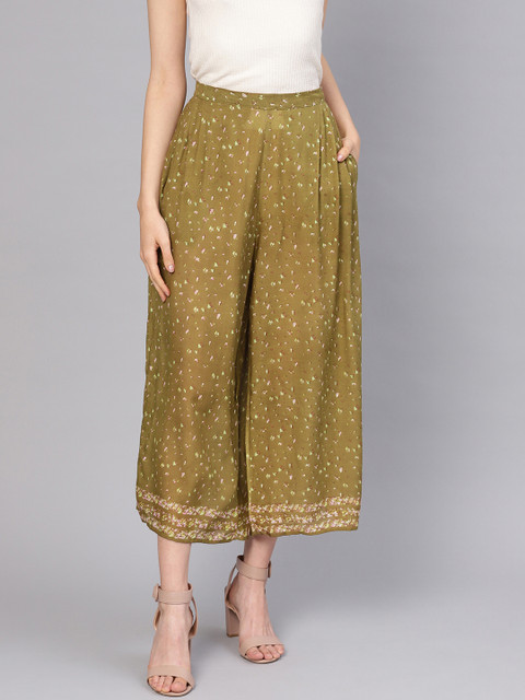 

I AM FOR YOU Women Green & Beige Printed Wide Leg Palazzos