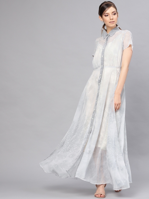 

I AM FOR YOU Women Grey Semi Sheer Printed Maxi Dress