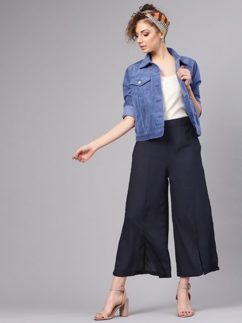 

I AM FOR YOU Women Navy Blue Tailored Regular Fit Solid Parallel Trousers