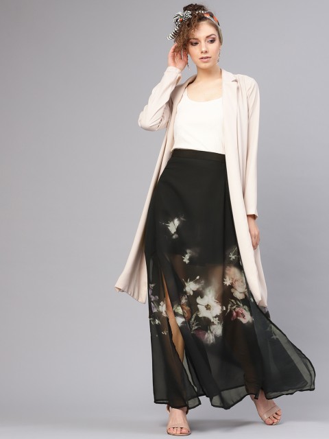 

I AM FOR YOU Women Black & Off-White Printed A-Line Maxi Skirt