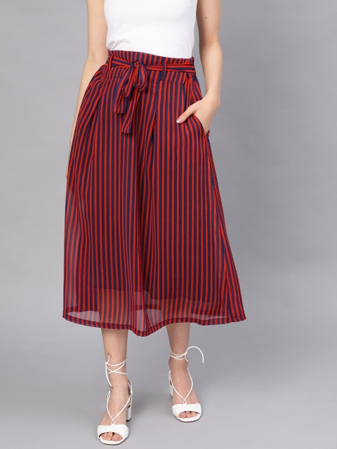 

I AM FOR YOU Women Red & Navy Blue Striped Midi Skirt